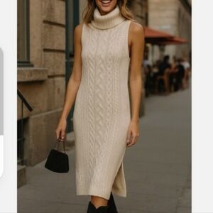 525 women’s Cream Cable Knit Turtleneck midi Dress Size XS new with tags